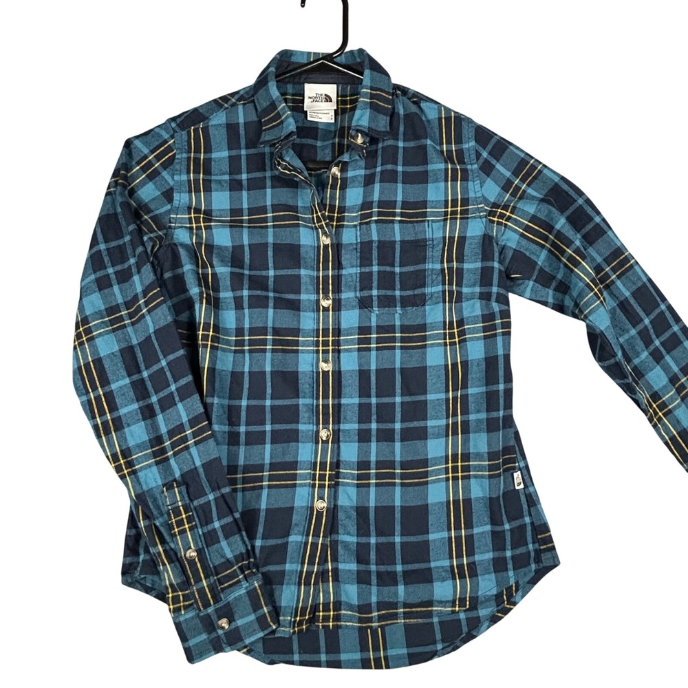 The North Face Womens Plaid Long Sleeve Button Up Shirt Teal Yellow Size S